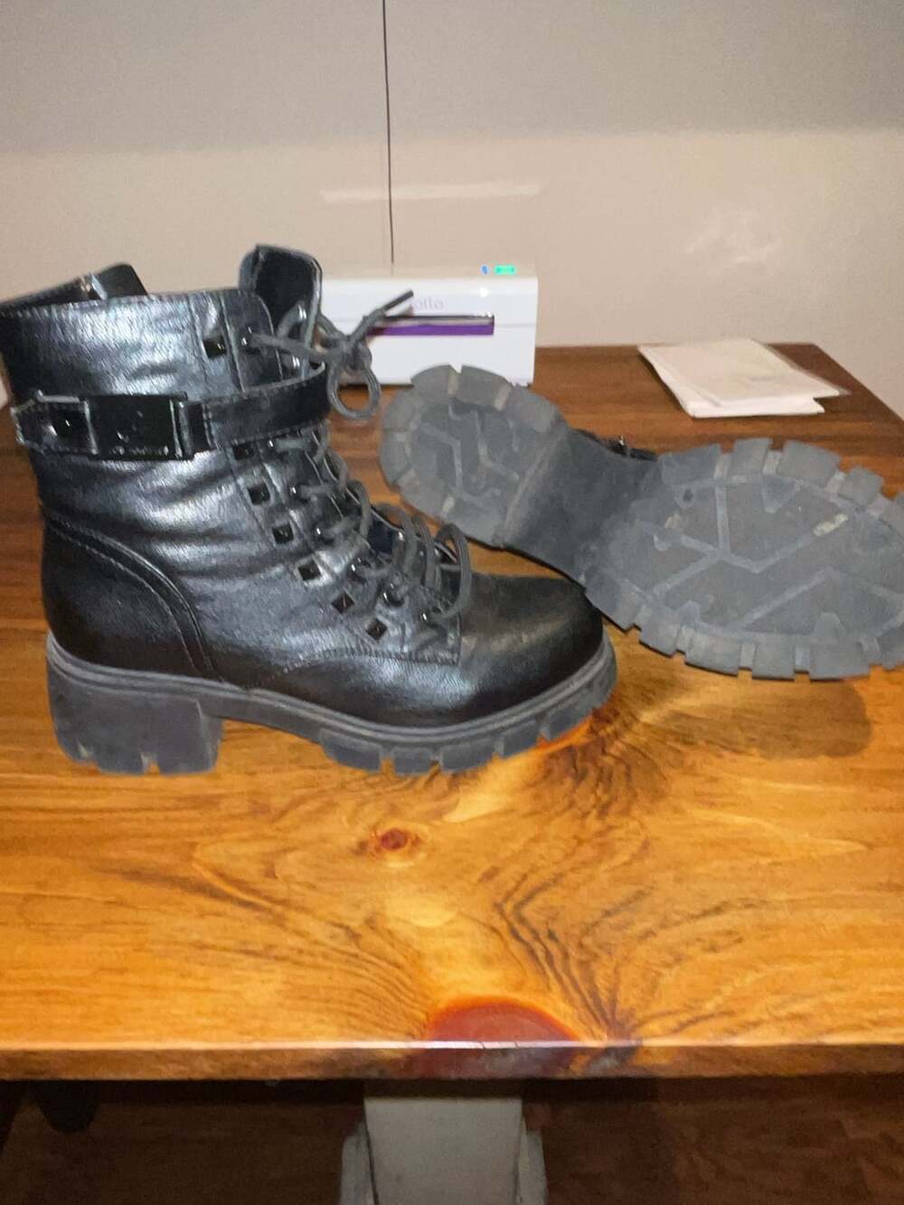 GBG Los Angeles Black Chunky Lug Sole Combat Boots with Buckle